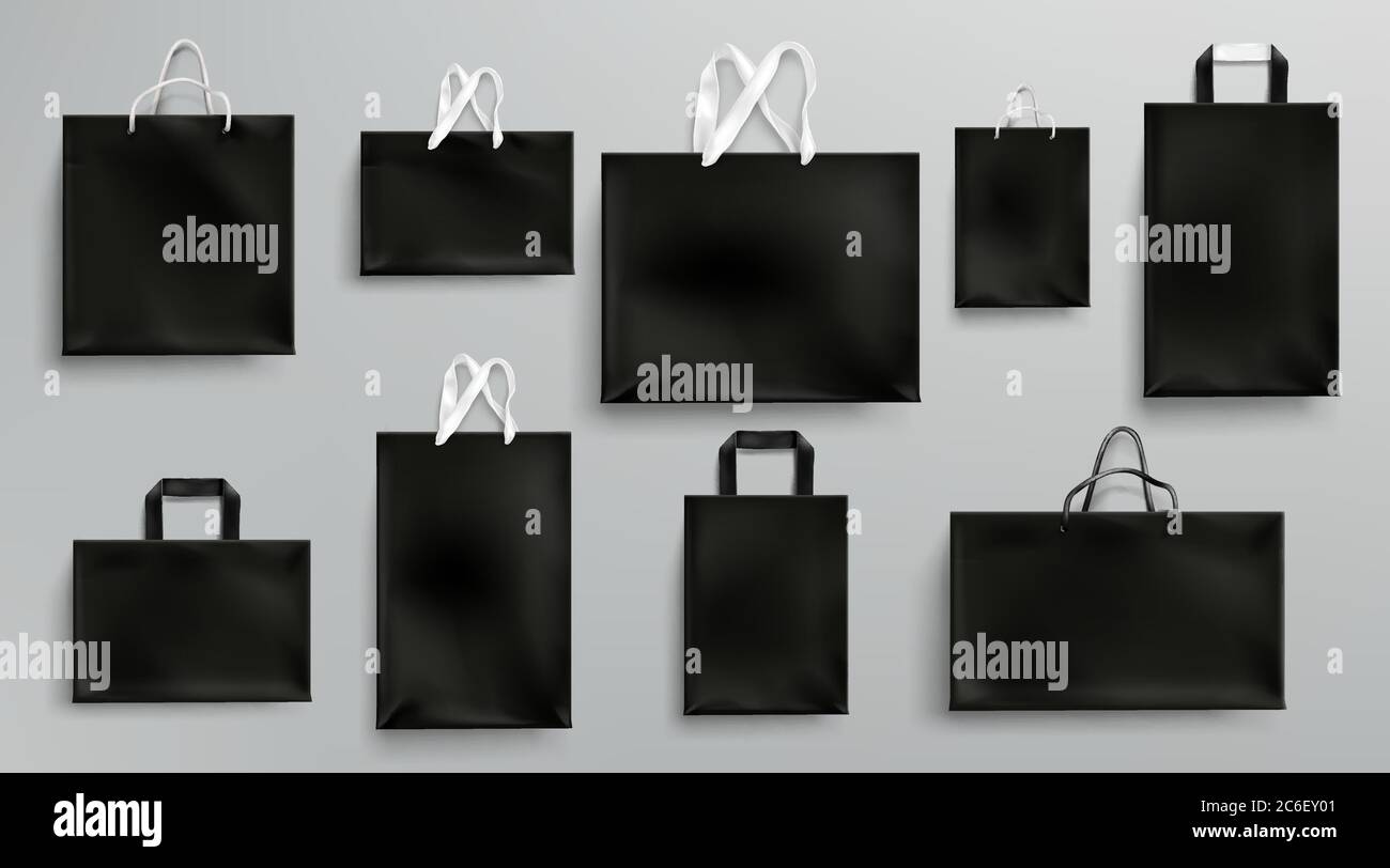 Paper shopping bags mockup, black packages with rope and lace handles,  blank rectangular ecological gift packs, isolated mock up for branding and  corporate identity design, Realistic 3d vector set Stock Vector Image