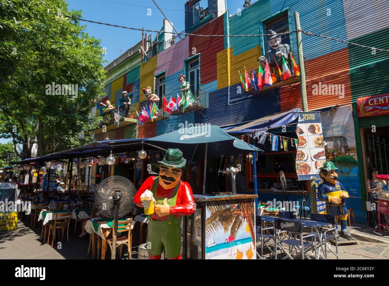 Colourful houses, street market and steet art on Magallanes in La Boca district of Buenos Aires, Argentina Stock Photo