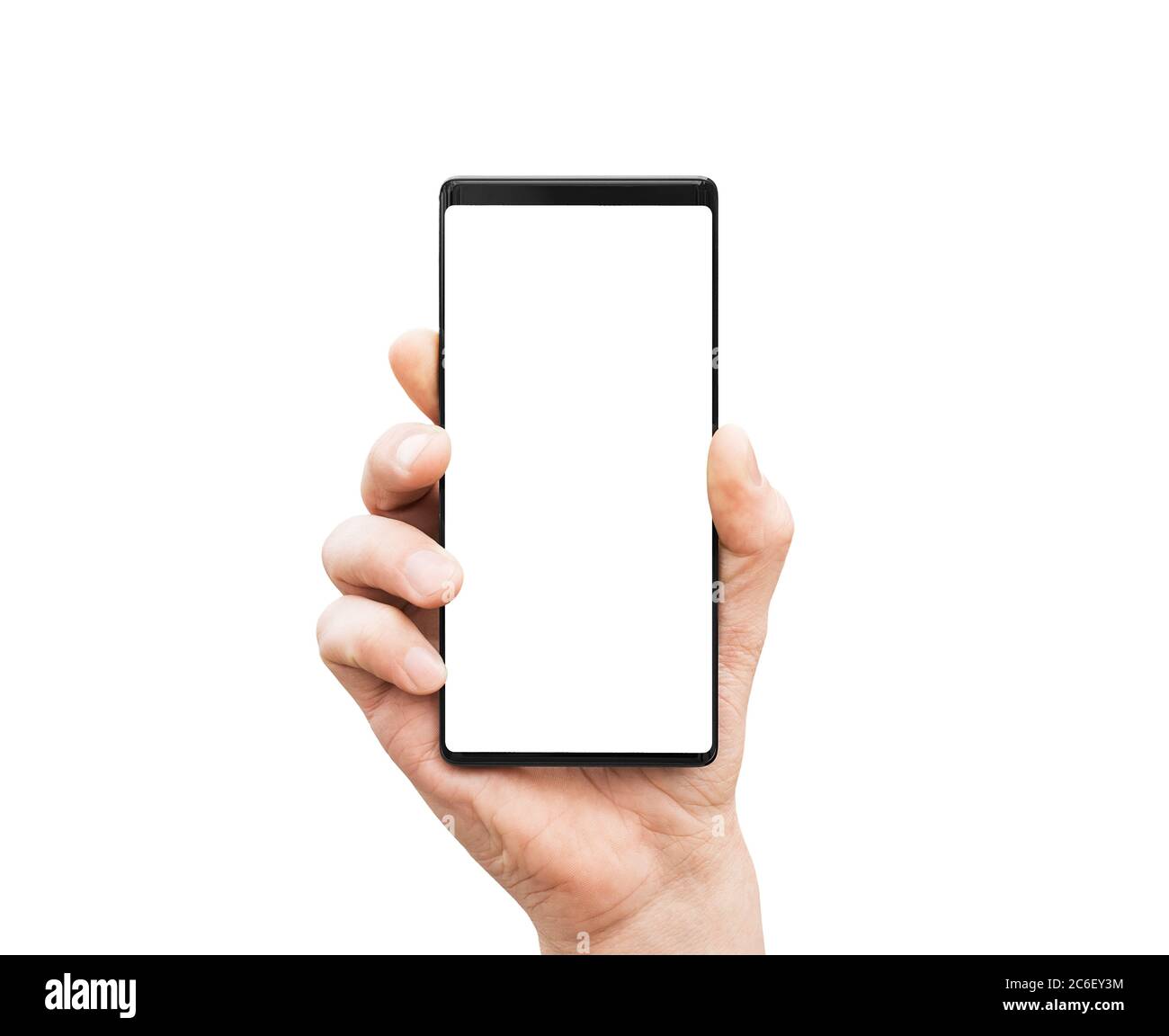 Man`s hand holding mobile smart phone with blank screen, isolated on a ...