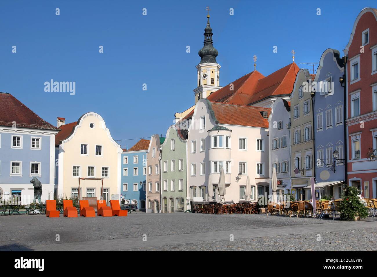 Stadtplatz (town square) in Scharding, Austria, a charming town in Upper Austria and a historical port on the Inn River Stock Photo