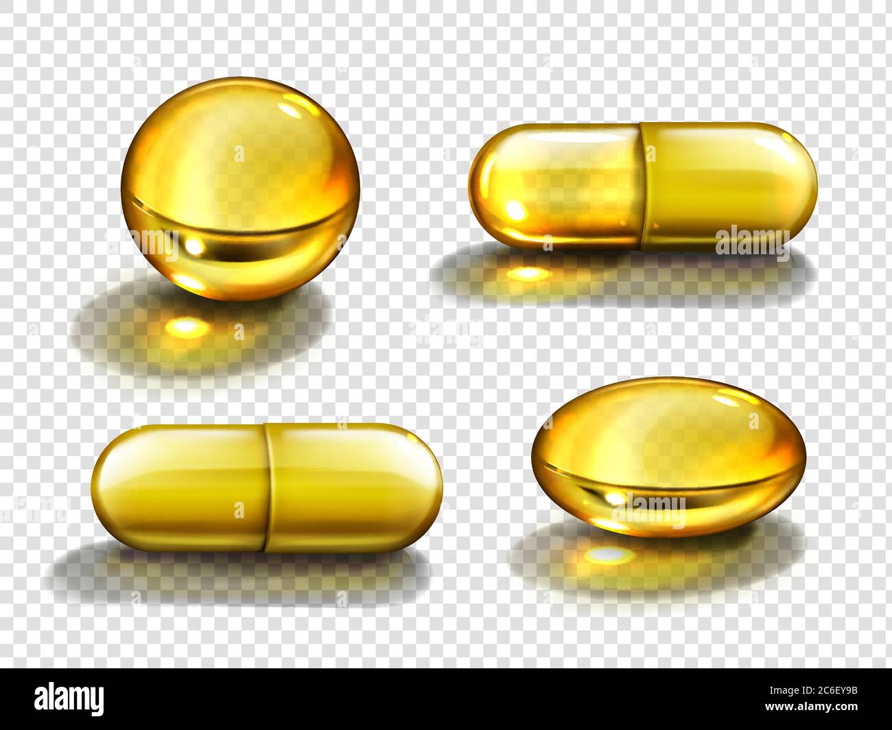 Gold oil capsules, vitamine round and oval pills. Cosmetics, omega 3 golden bubbles, antibiotic gel, serum droplets or collagen essence isolated on transparent background, realistic 3d vector set Stock Vector