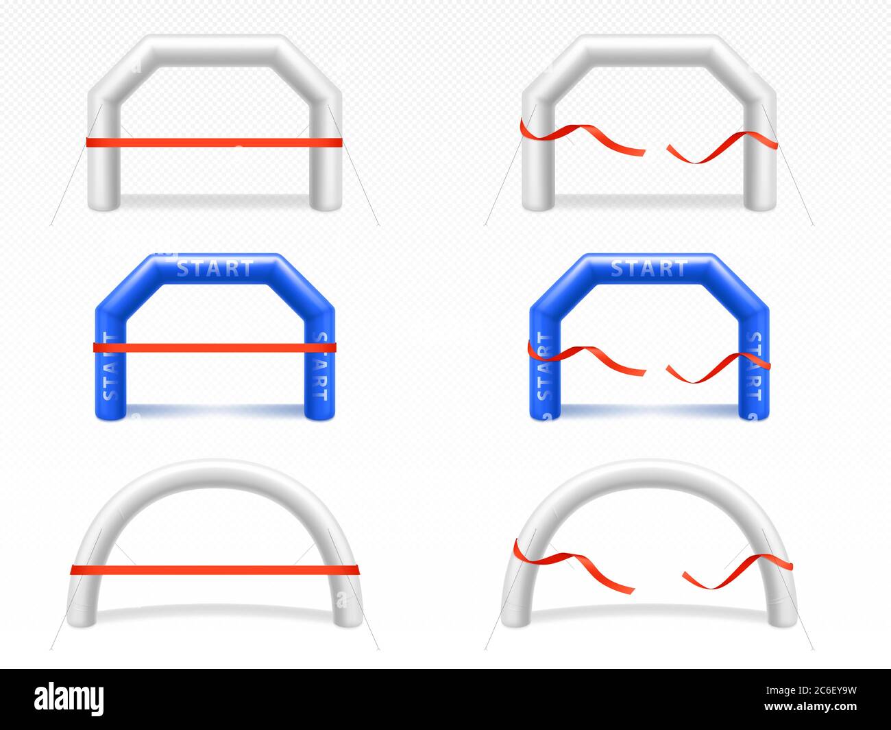 White and blue inflatable arch for sport events, race, marathon, run or triathlon. Vector realistic set of blank balloon tubes different shapes for start and finish line with torn red ribbon Stock Vector