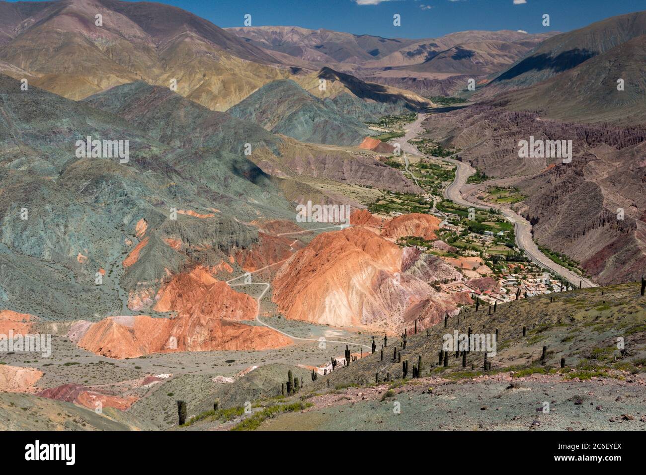 View of the Cerro de los Siete Colores (mountain of the seven colours) in Purmamarca, Jujuy Province, Argentina Stock Photo