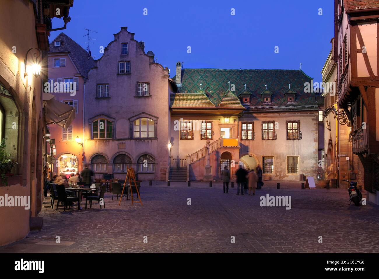 Koifhus or L'Ancienne Douane (Old Custom House) is a historical building in the charming village of Colmar in the Alsace wine region of France. Night Stock Photo