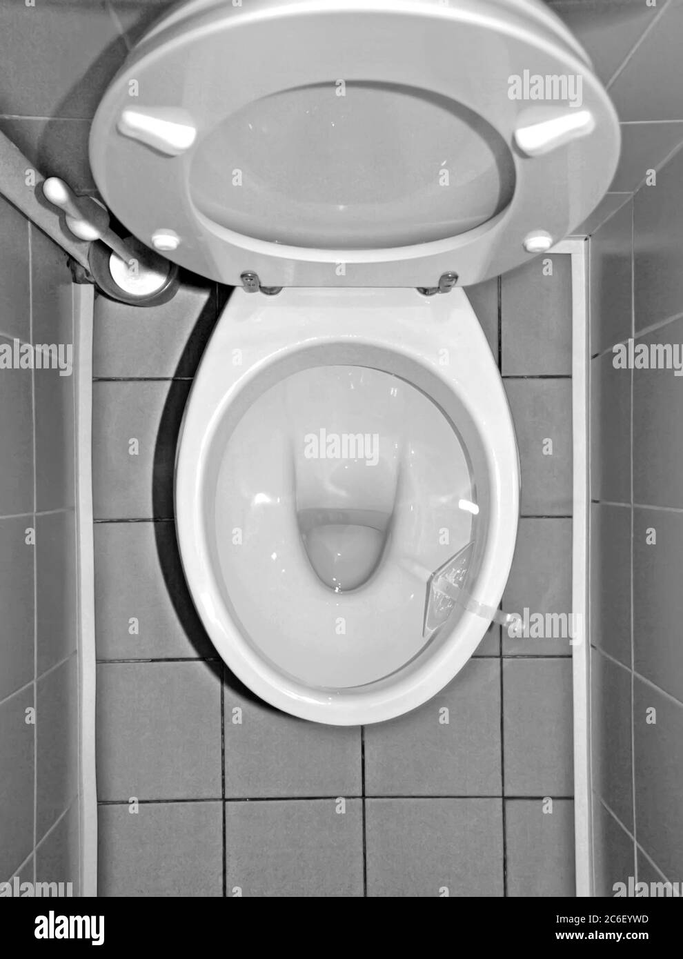 Ceramic flush toilet bowl indoors, top view Stock Photo