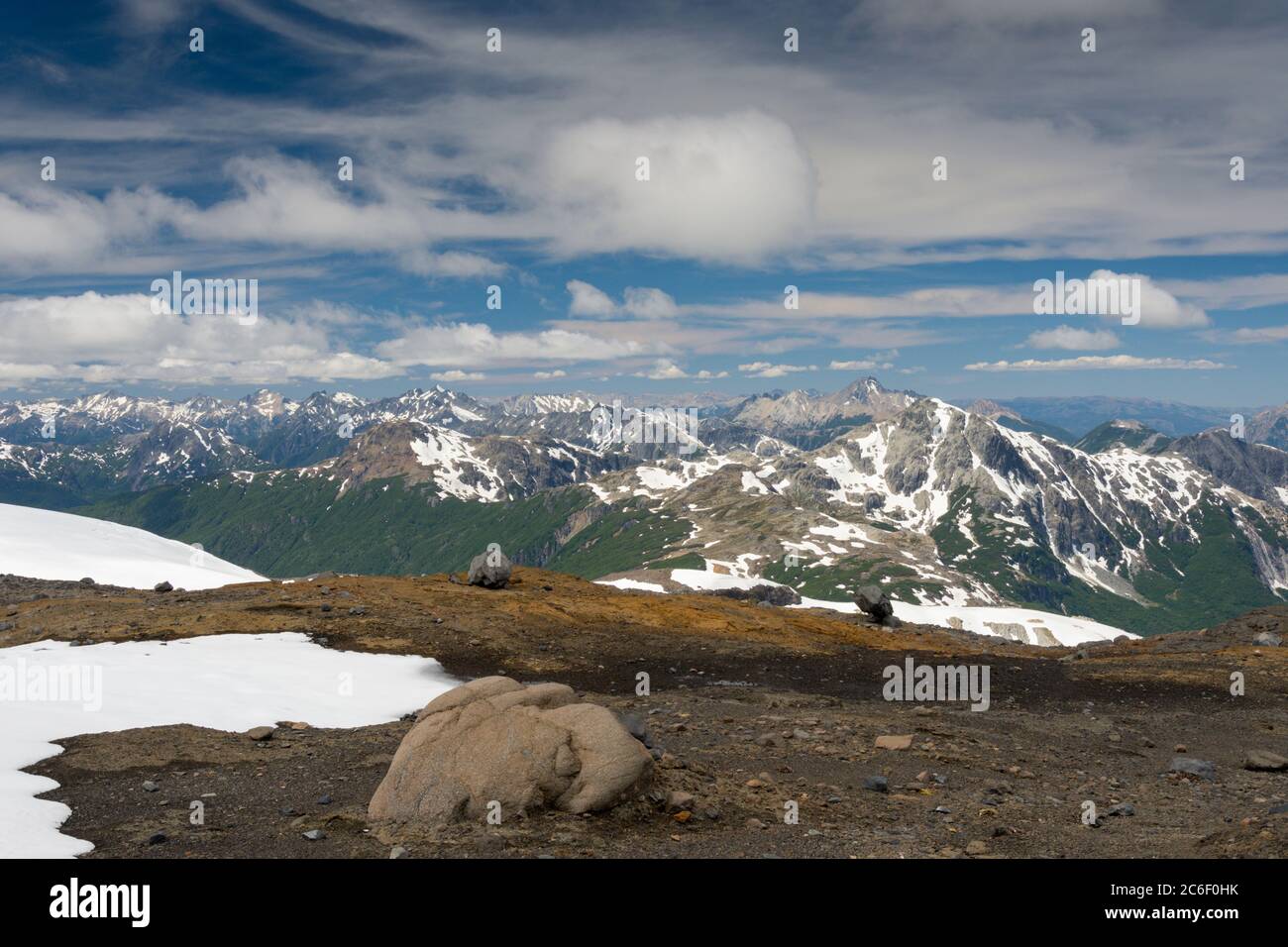 View across the summits of the Argentinian Andes from Refugio Otto Meiling near Bariloche Stock Photo