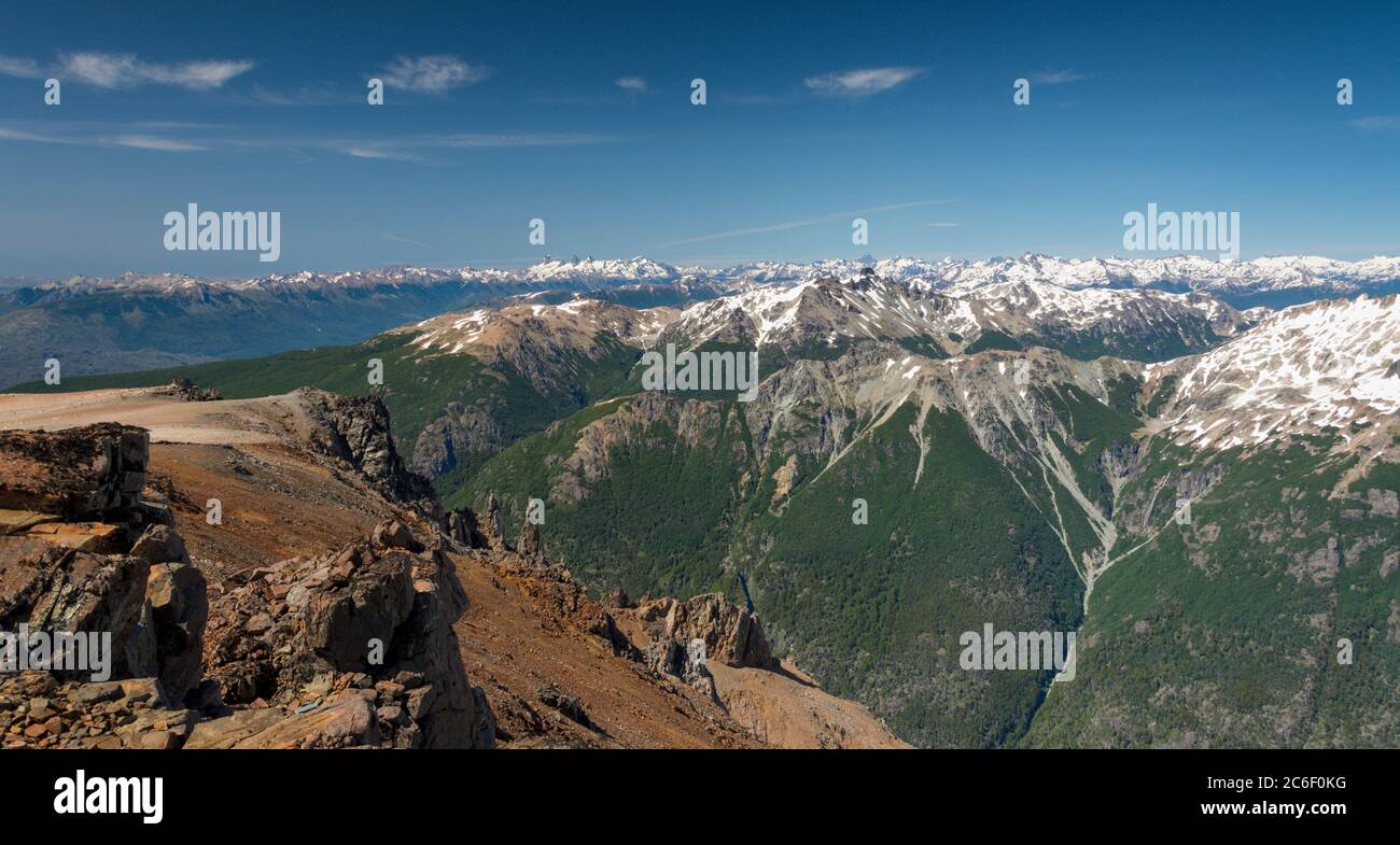 View from Cerro Lindo near El Bolson across the Argentinian Andes Stock Photo