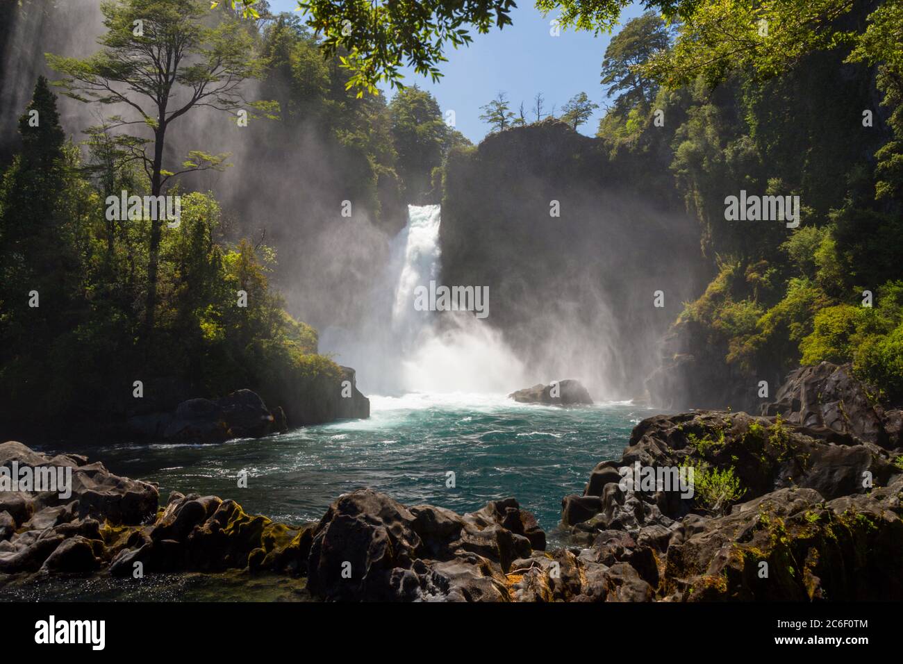 Waterfall Salto Huilo Huilo near Neltume in the Andes in Chile Stock Photo