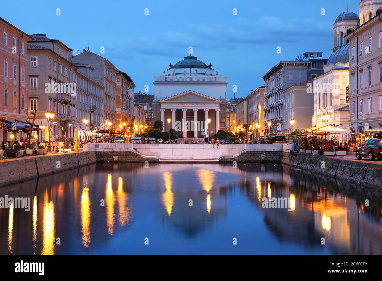 Scenic view of the Canal Grande in Trieste, Italy at night. Stock Photo