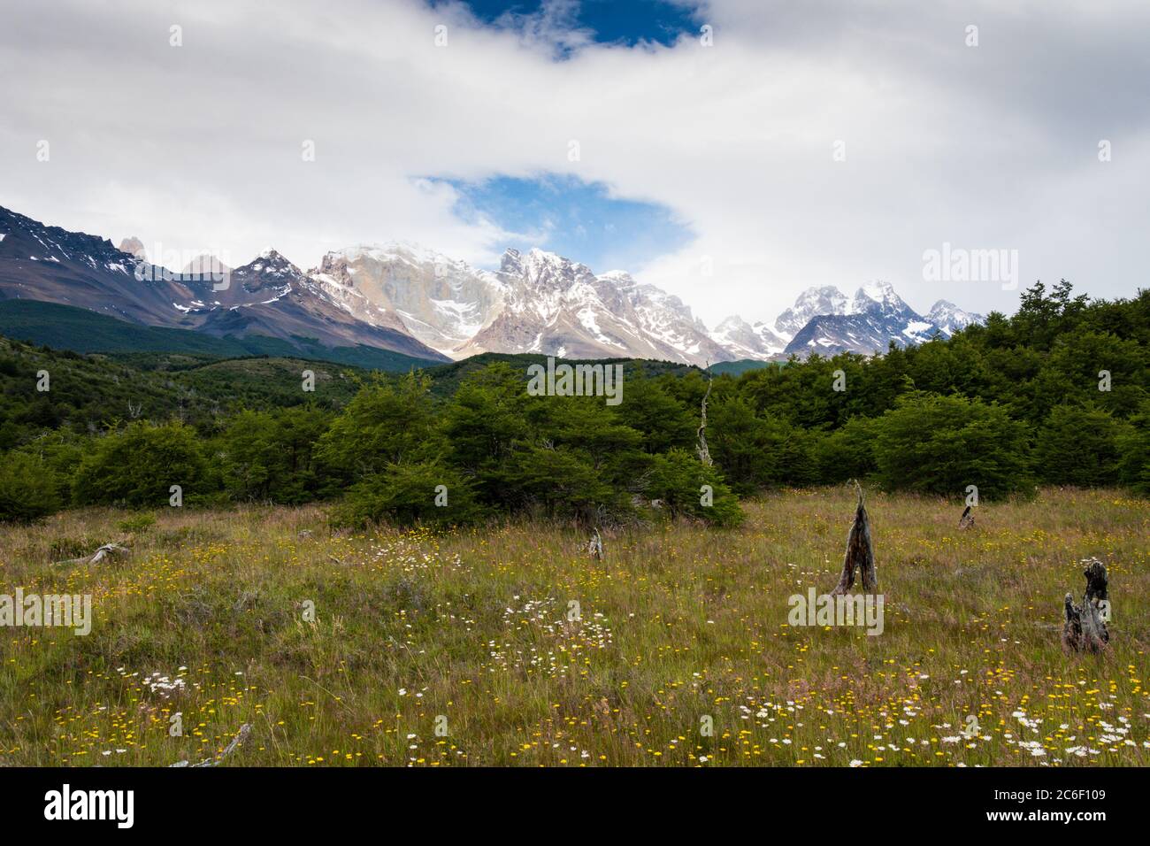 View towards the Torres del Paine mountain range in the Torres del Paine National Park in Patagonia in the Andes in Chile Stock Photo