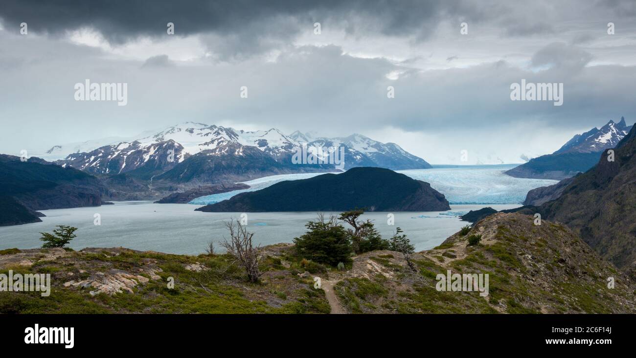 View across Lago Grey towards Mirador Grey and Glaciar Grey in the Torres del Paine National Park in Patagonia in the Andes in Chile Stock Photo