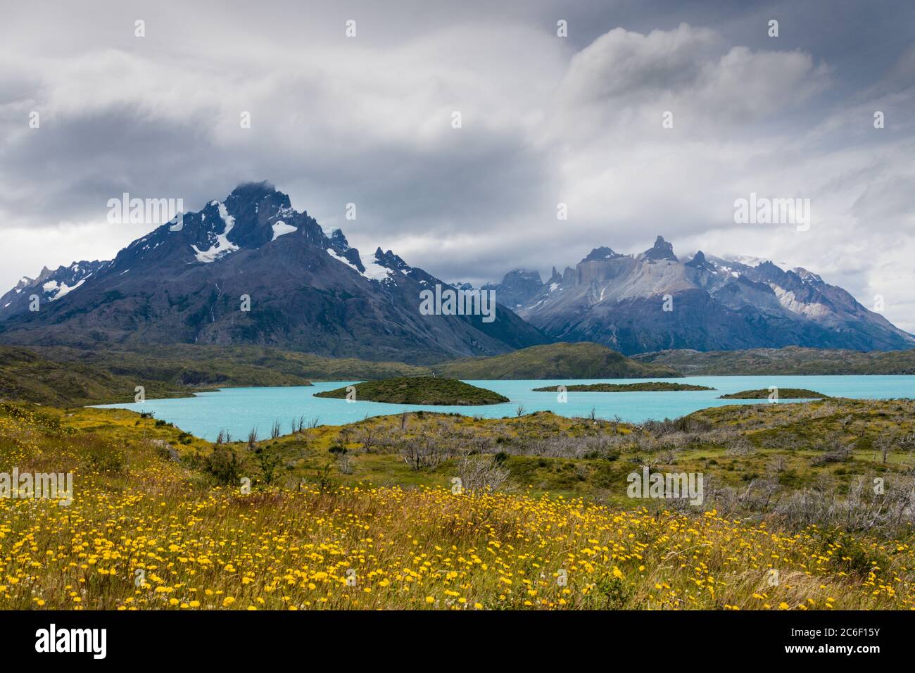 View across Lago Pehoe towards the Torres del Paine mountain range in the Torres del Paine National Park in Patagonia in the Andes in Chile Stock Photo