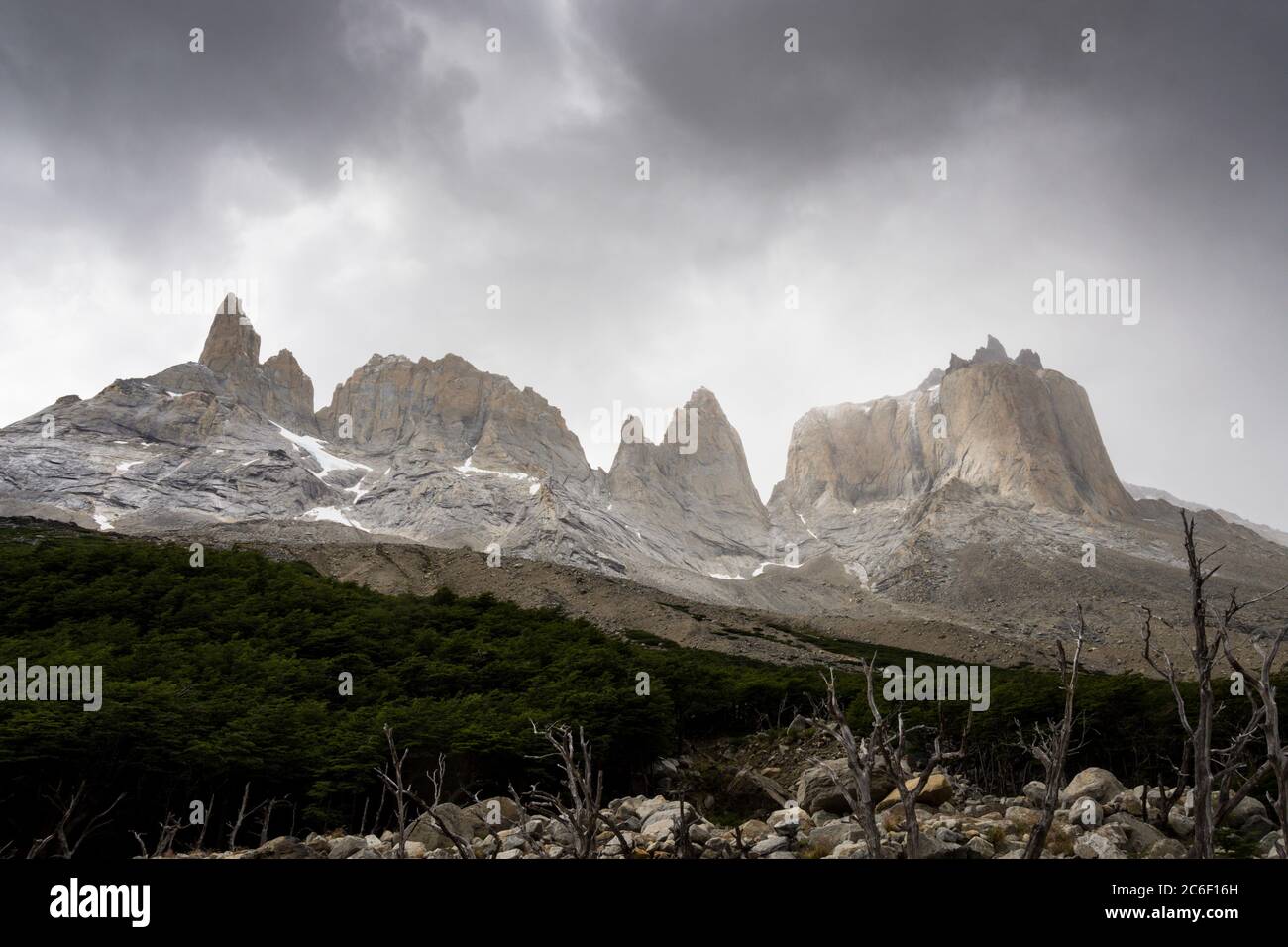 Cerro Espada, Cuerno Norte and Cuerno Principal near Mirador Britanico in the Torres del Paine National Park in Patagonia in the Andes in Chile Stock Photo