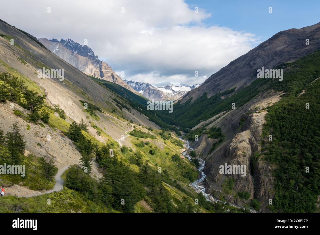 Valley of Rio Ascensio towards campamento Chileno in the Torres del Paine National Park in Patagonia in the Andes in Chile Stock Photo
