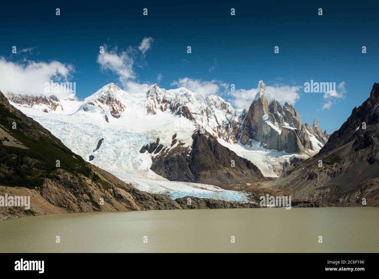 View across Laguna Torre towards Cerro Torre in Patagonia near El Chalten in the Argentinian Andes Stock Photo