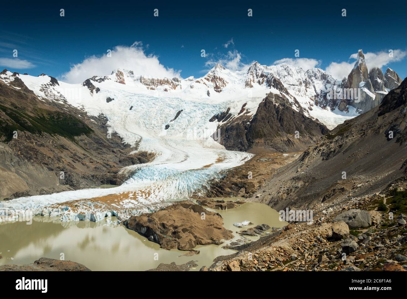 View across Laguna Torre towards Cerro Torre in Patagonia near El Chalten in the Argentinian Andes Stock Photo