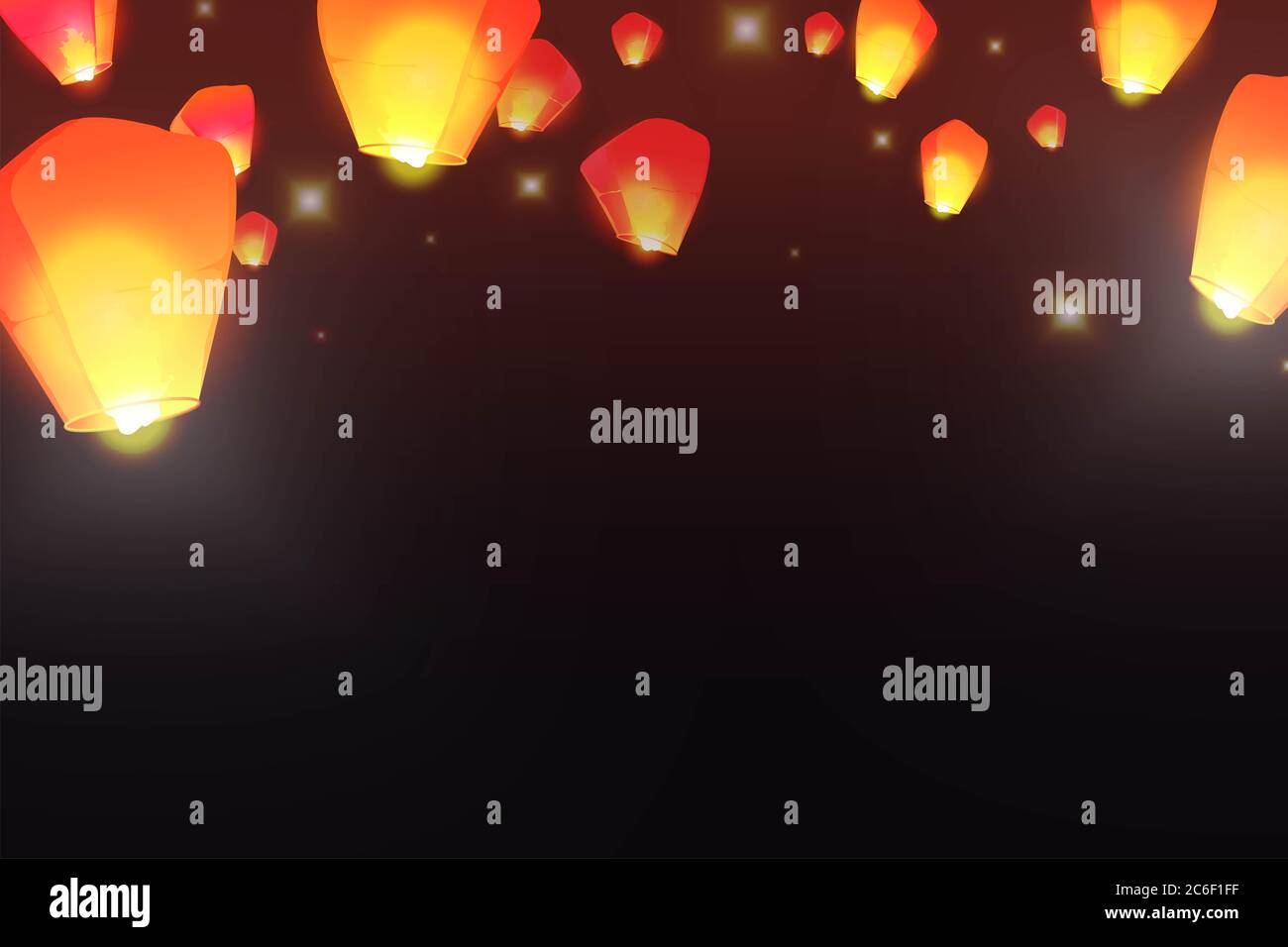 Sky lanterns, floating. Make a wish in a dark night. Illustration. Chinese  New Year of the rooster Stock Photo - Alamy