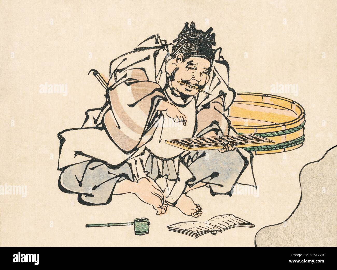 A Japanese man using a soroban, or abacus.  Detail from an 18th or 19th century woodcut by Japanese artist Toyohiro Utagawa. Stock Photo