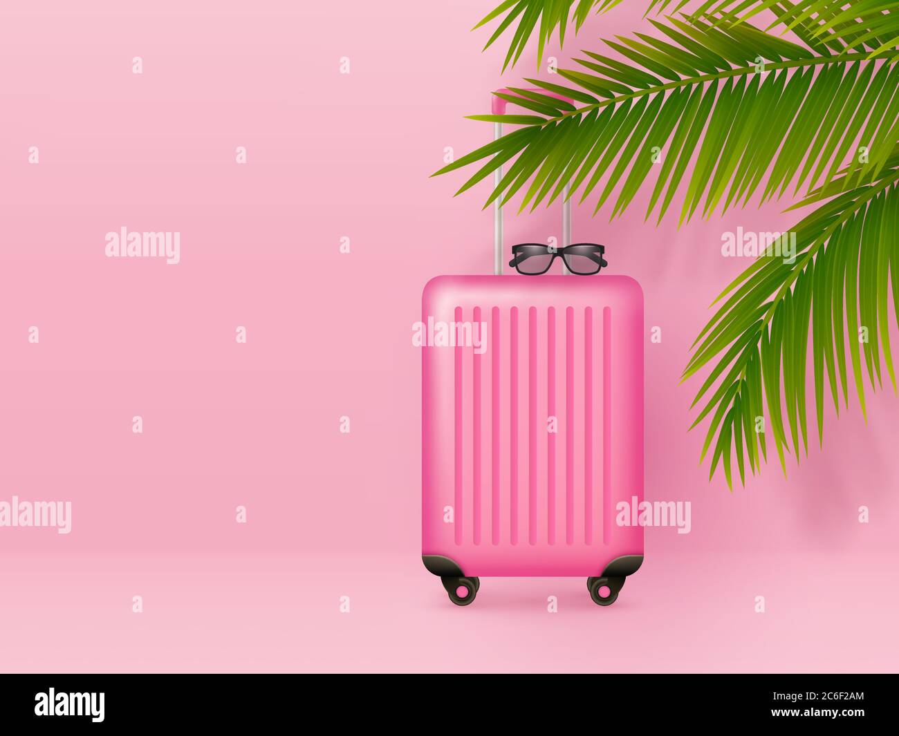 Suitcase with sunglasses and palm leaves. Stock Vector