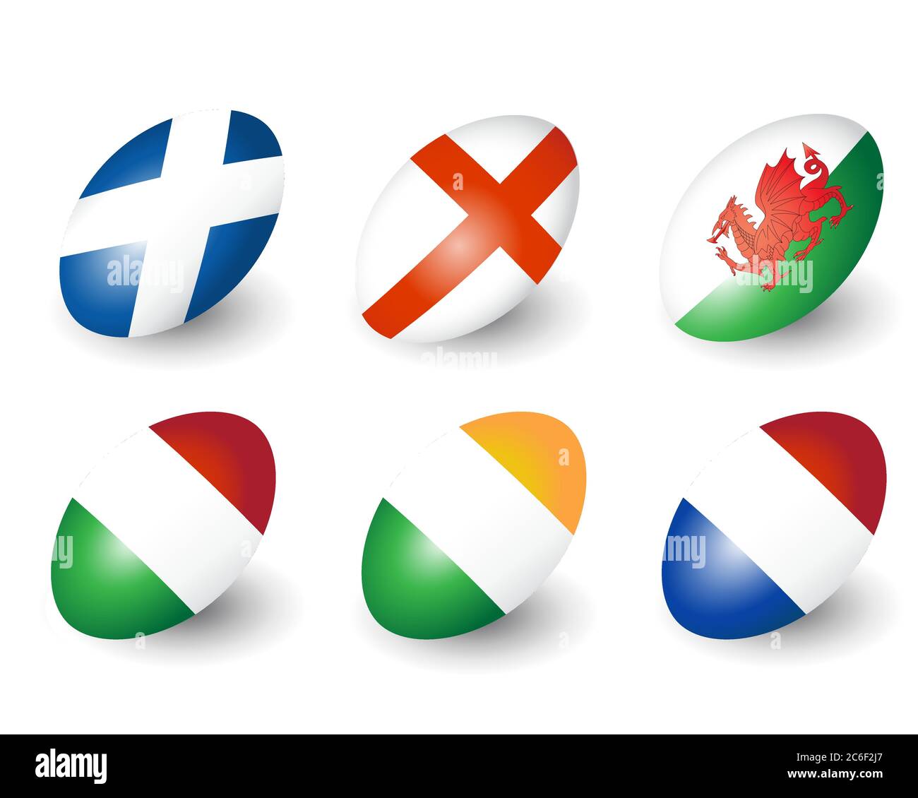 Six rugby balls representing the nations of England, Scotland, Wales