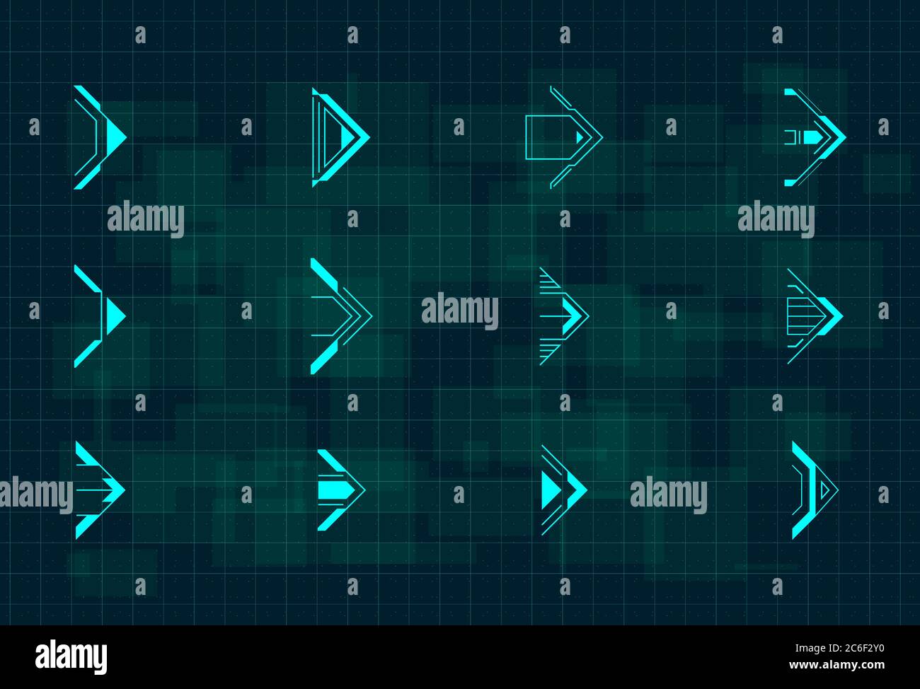 Set of futuristic HUD blue arrows. Cyberpunk arrows design for flyer, banner, cover, card, web and for game UI design. Digital hi-tech style pointers Stock Vector