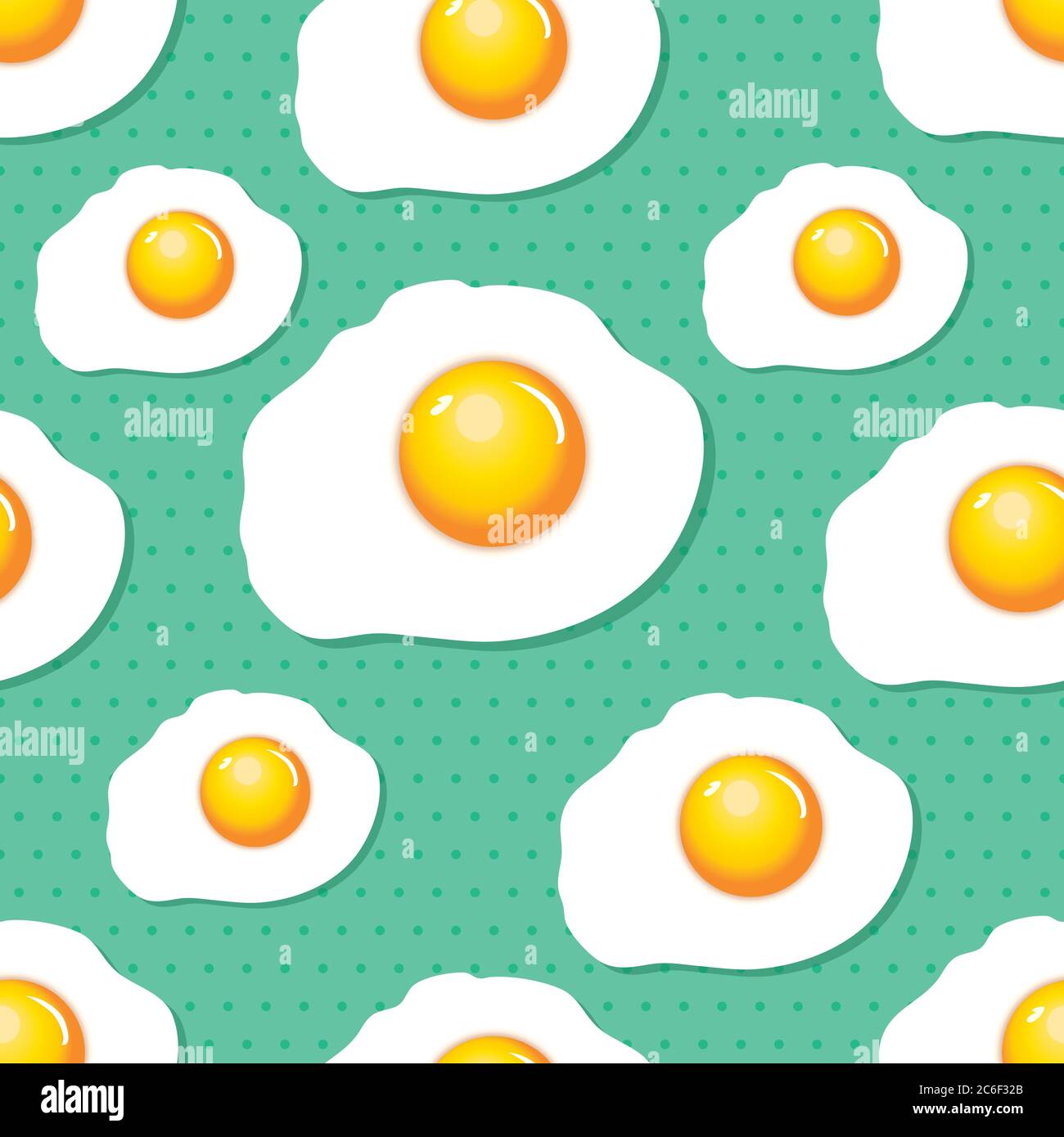 A seamless pattern of fried eggs over a green polka dot background. EPS10 vector format. Stock Vector
