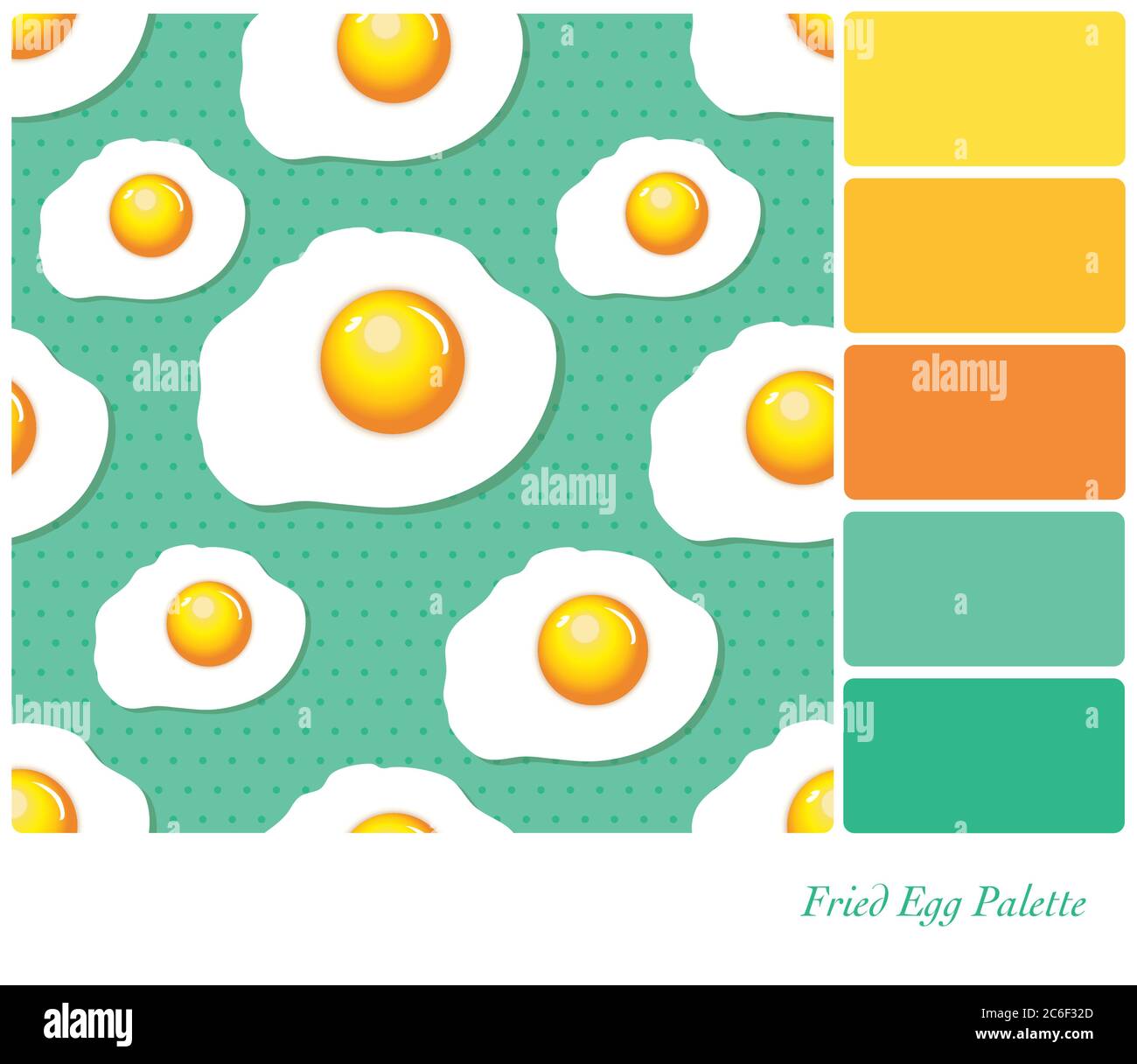 A seamless background of fried eggs over a polka dot pattern. In a colour palette with complimentary colour swatches. EPS10 vector format Stock Vector