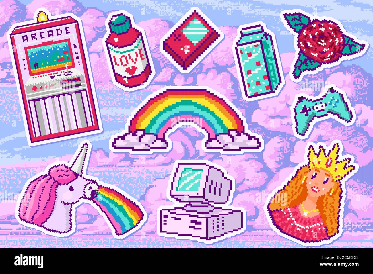Pixel art 8 bit object for stickers. Retro digital game assets. Set of Pink fashion icons. Vintage girly stickers. Arcades Computer video. Characters Stock Vector