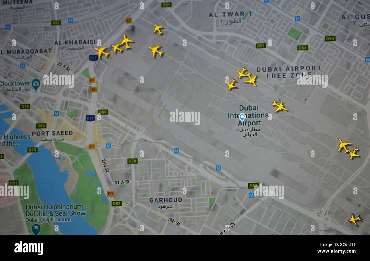 map of air traffic on Dubai International airport ( 07 july 2020, UTC 07.54 ) on Internet with Flightradar 24 site by Svenska Resenätverket AB Stock Photo