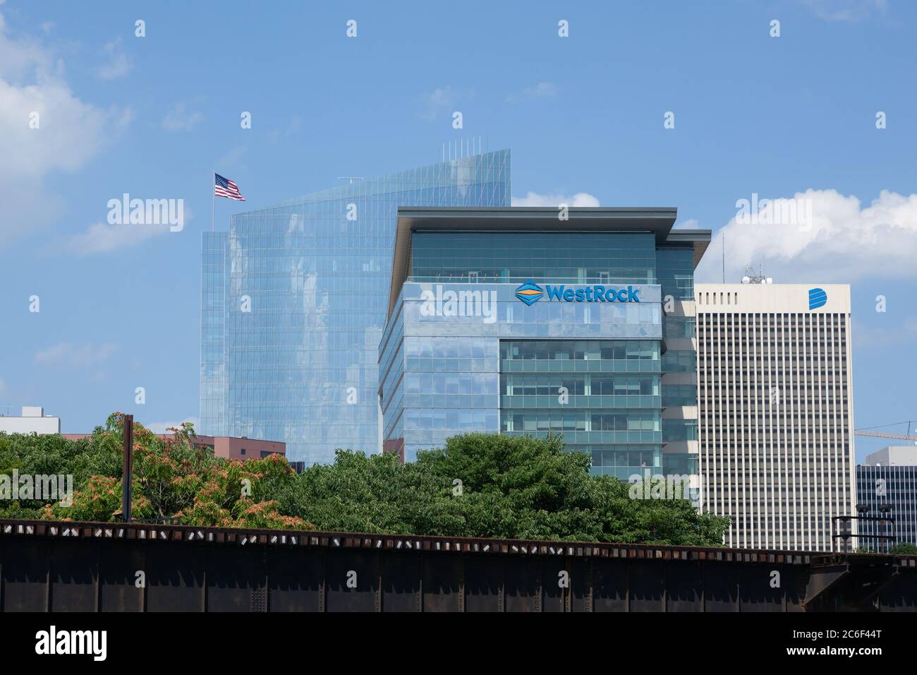 RICHMOND, VIRGINIA - August 8, 2019: a partial view of the Richmond skyline with a focus on the WestRock building Stock Photo