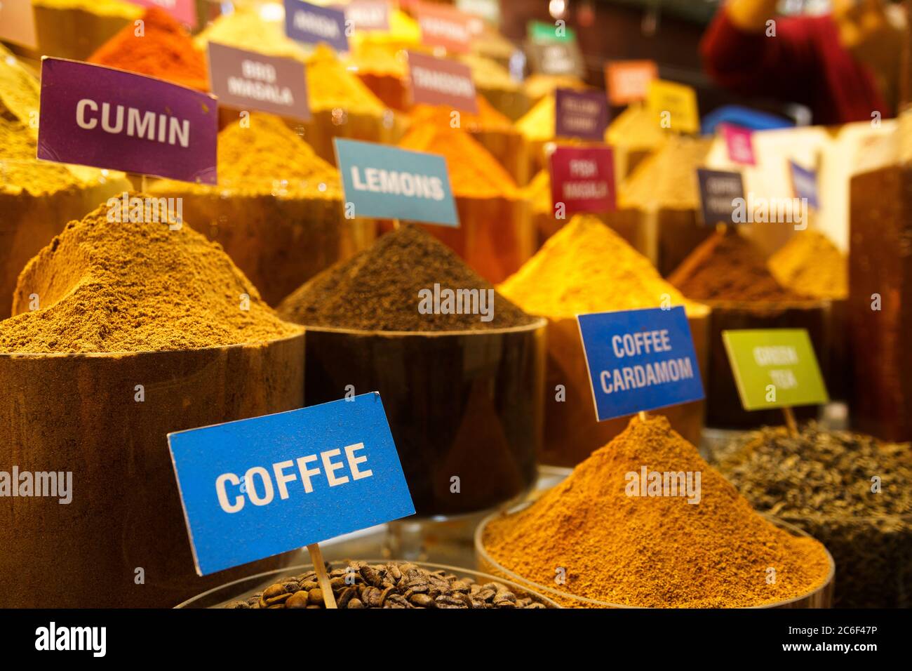 Download Different Types Of Brown And Yellow Spices Displayed In Transparent Containers With Indicative Signs Stock Photo Alamy Yellowimages Mockups