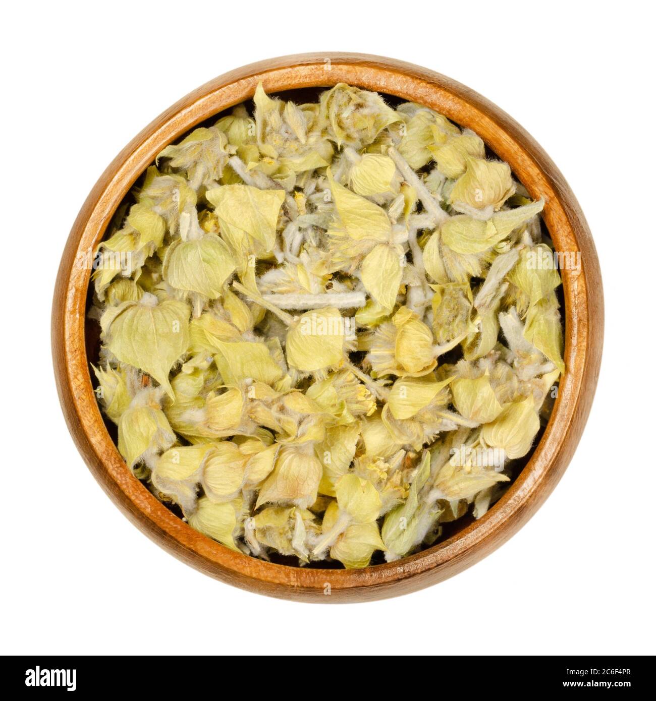 Greek mountain tea in wooden bowl. Also known as ironwort, Sideritis or shepherds tea. Dried flowering plants used as herbal medicine and tea. Stock Photo