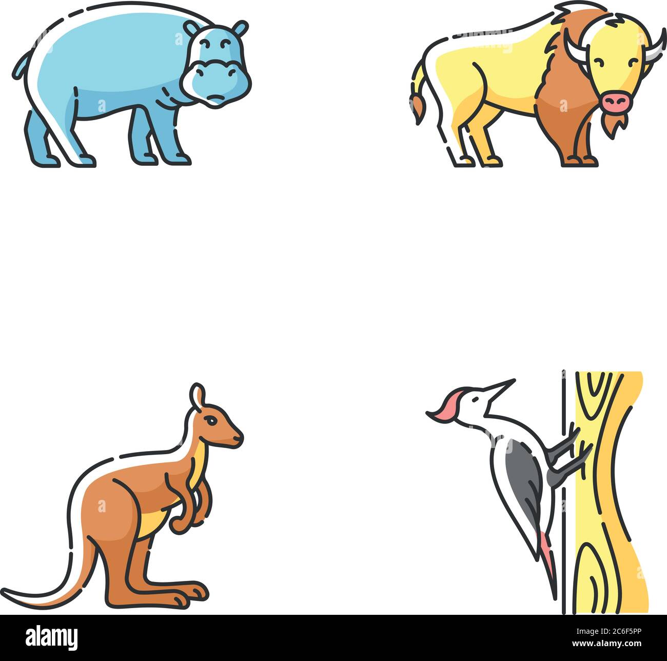 Various animals RGB color icons set. Common forest bird and exotic fauna. Hippopotamus, woodpecker, american bison and kangaroo. Isolated vector illus Stock Vector