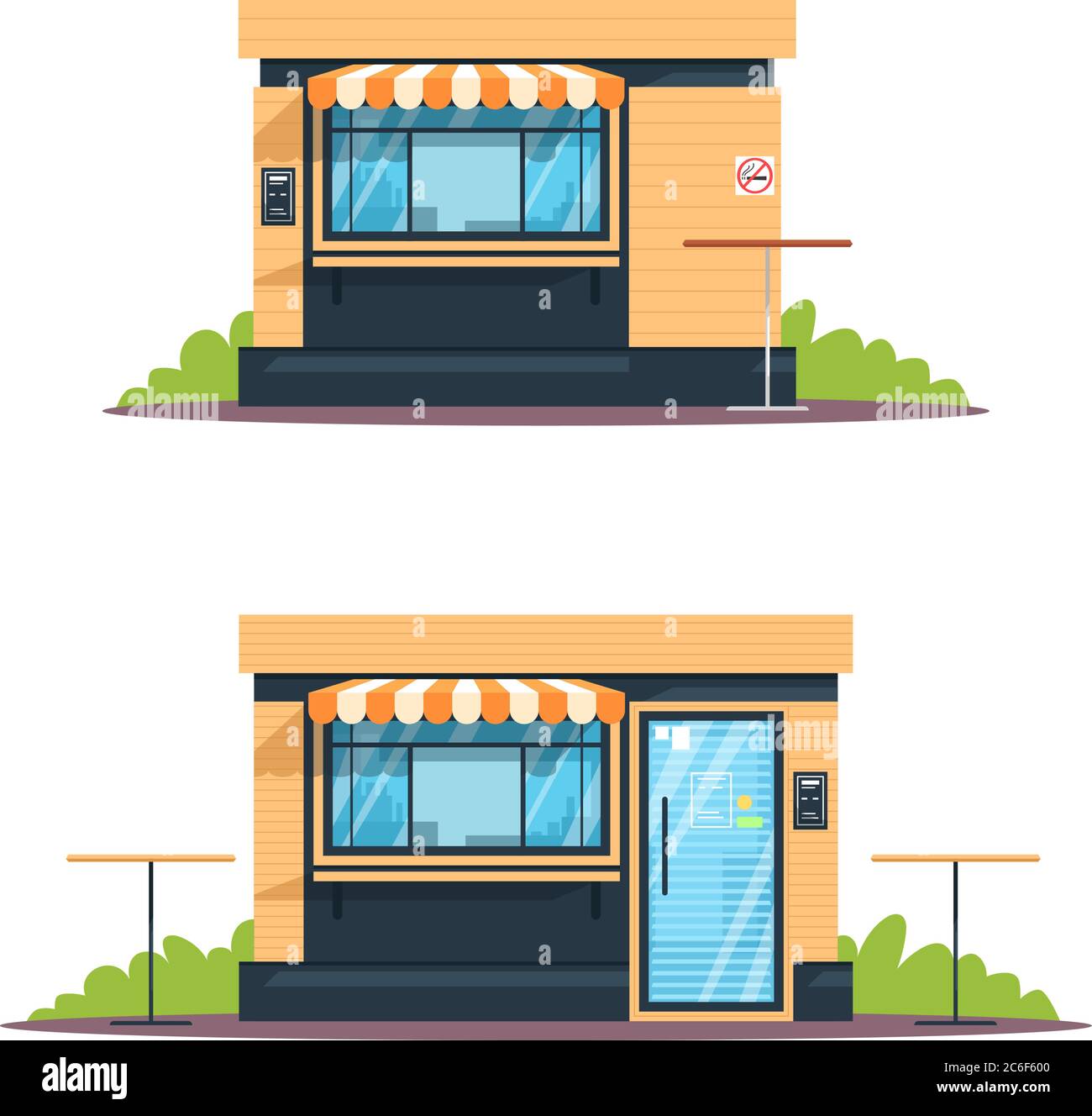 Outdoor snackbar semi flat RGB color vector illustrations set. Street food cafe, buffet, shop. Public eateries. Snackbar front, closed. Isolated carto Stock Vector
