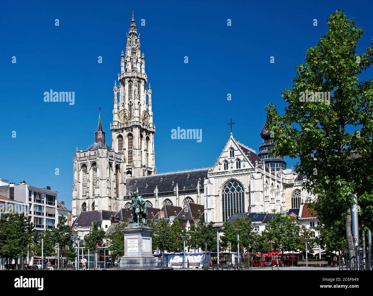 Our Lady Cathedral; 13-15 century; ornate architecture, 415 foot spire; two clocks, Catholic church, religious building, Groenplaats; Peter Paul Ruben Stock Photo