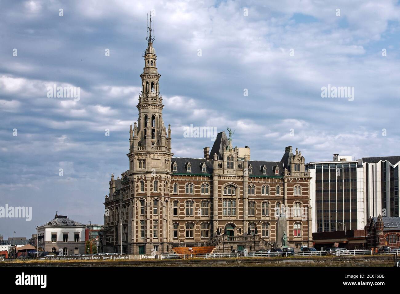 Pilotage Authority Building; 1894; ornate, old, spire, many windows, double staircase, cityscape, Flanders; Europe; Antwerp; Belgium Stock Photo