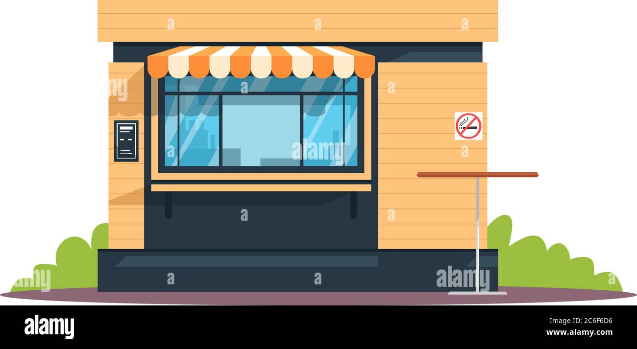 Public eatery semi flat RGB color vector illustration. Small outdoor cafe, snackbar, buffet. Cafferetia front windows. No smoking area. Isolated carto Stock Vector