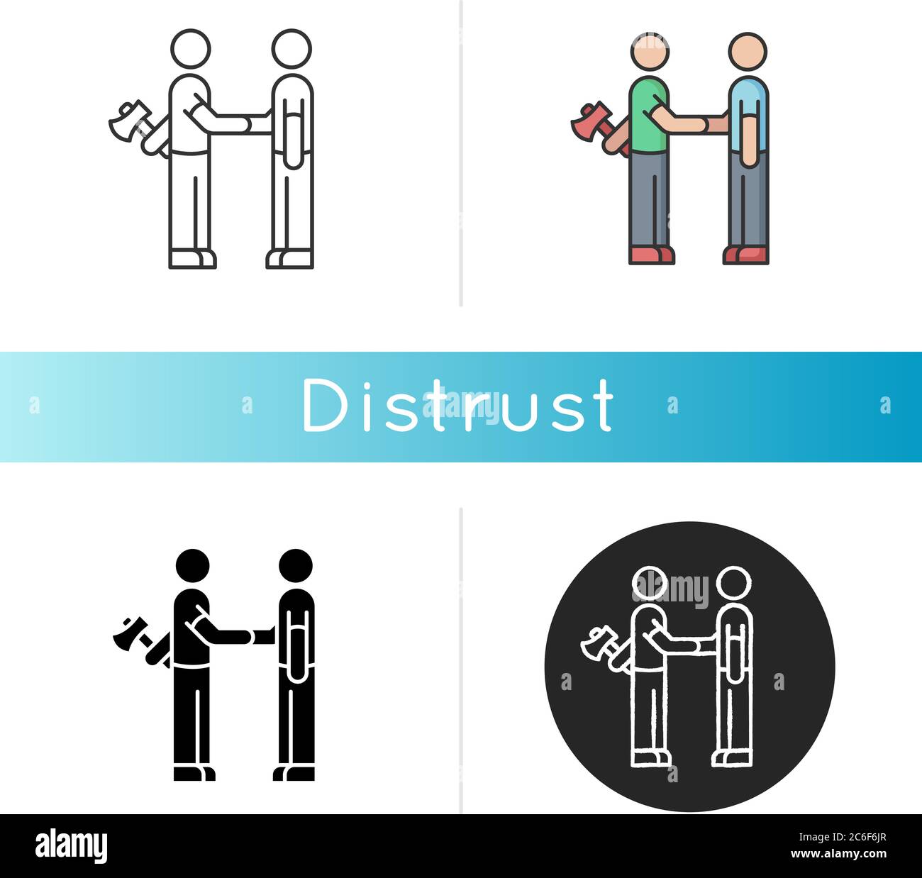 Distrust icon. Lack of trust, insecurity, betrayal. Negative mindset. Linear black and RGB color styles. Untrustworthy behaviour. Shaking hands with t Stock Vector