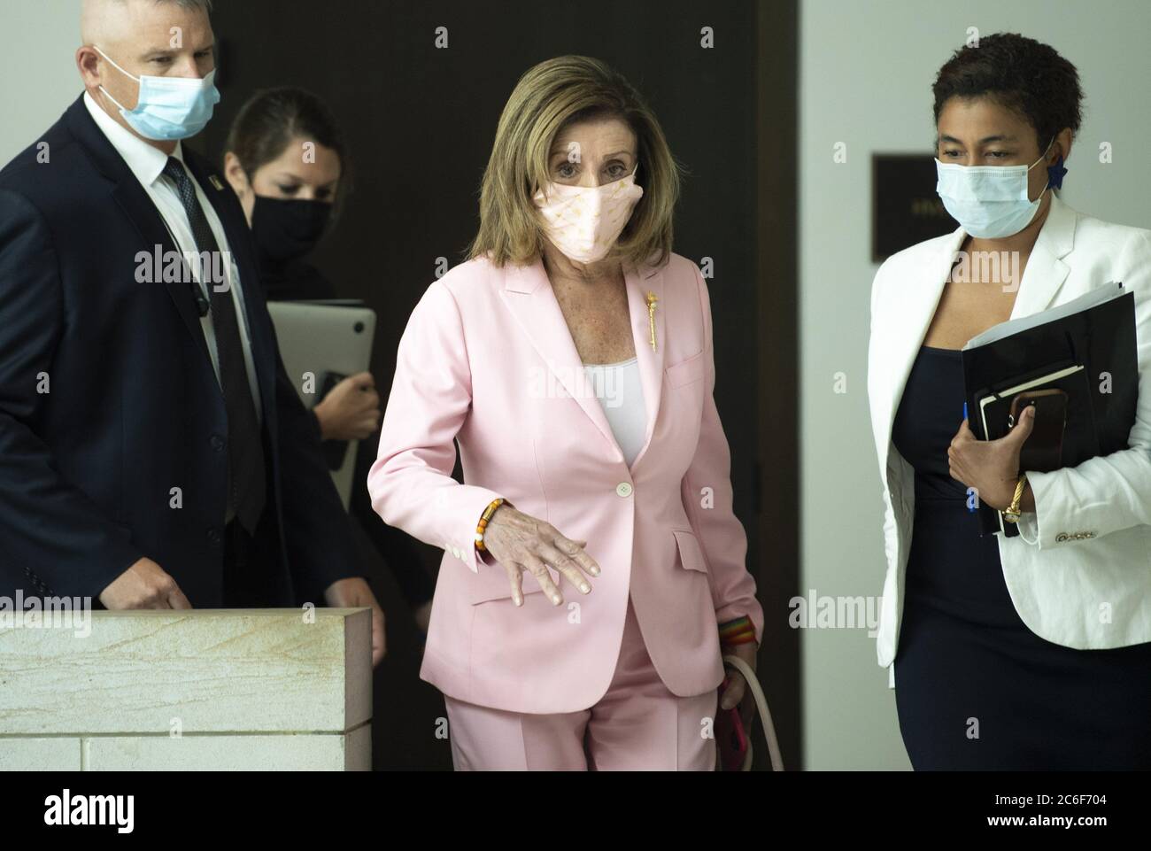 Washington, United States. 09th July, 2020. Speaker of the House Nancy Pelosi, D-Calif., walks to hold her weekly press conference at the US Capitol in Washington, DC on Thursday, July 9, 2020. Photo by Kevin Dietsch/UPI Credit: UPI/Alamy Live News Stock Photo
