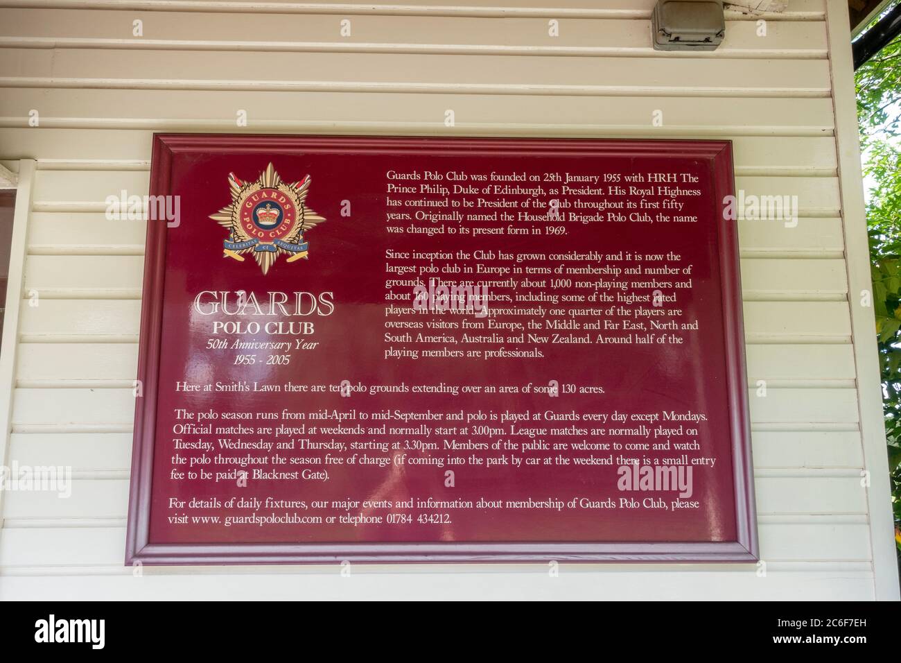 Plaque showing the history of the Guards Polo Club (located at the main entrance), Smiths Lawn, Windsor Great Park, UK Stock Photo