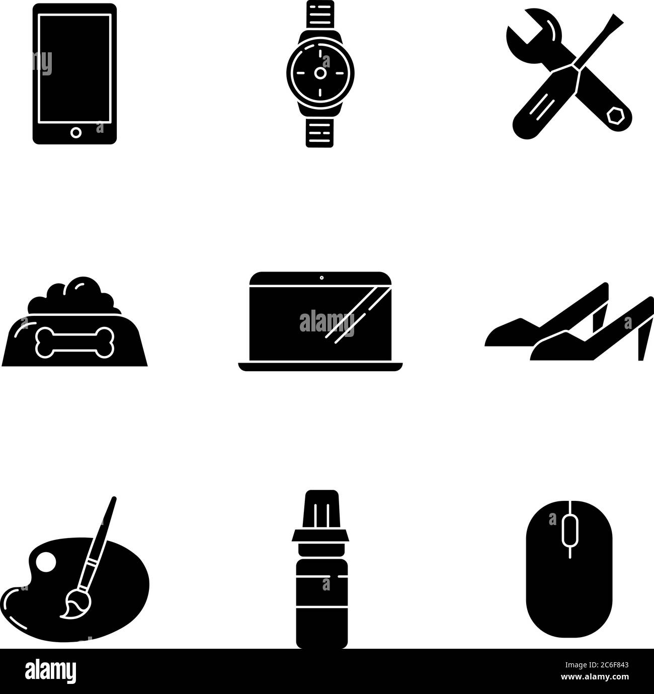 Online shop categories black glyph icons set on white space. Electronic devices. Modern technology. Digital screens. TV monitors. Repair tool. Silhoue Stock Vector