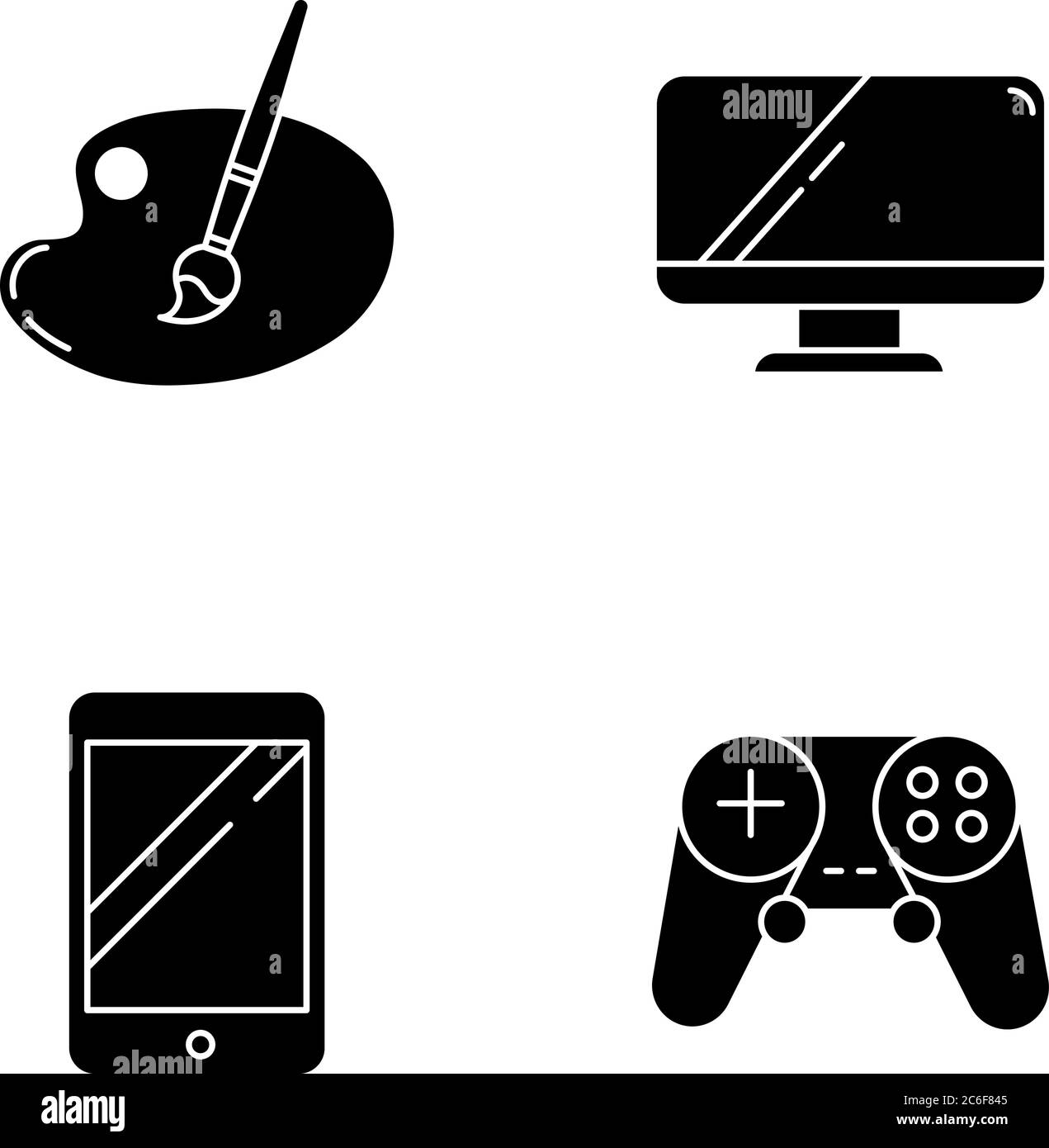 Recreation black glyph icons set on white space. Artist palette and ...