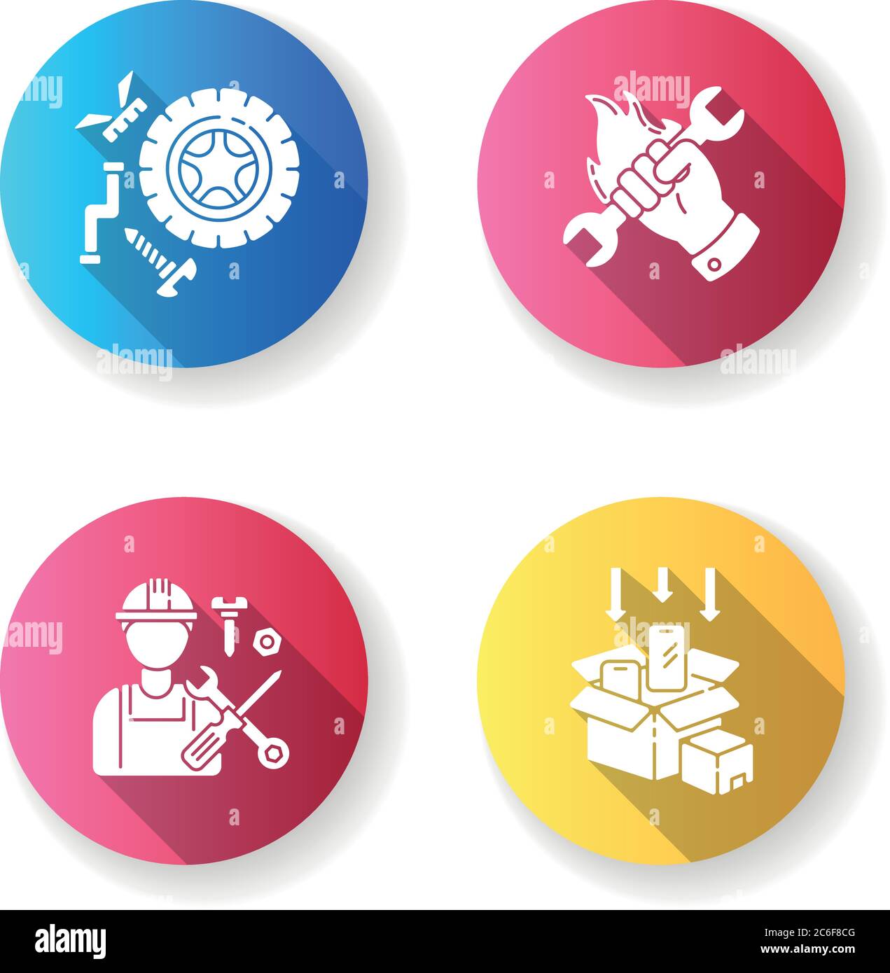 Industrial work flat design long shadow glyph icons set. Spare parts ...
