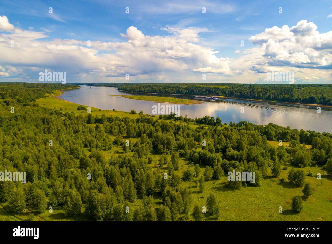 Aerial view of the Volga River on a July day (aerial photography). Yaroslavl region, Russia Stock Photo