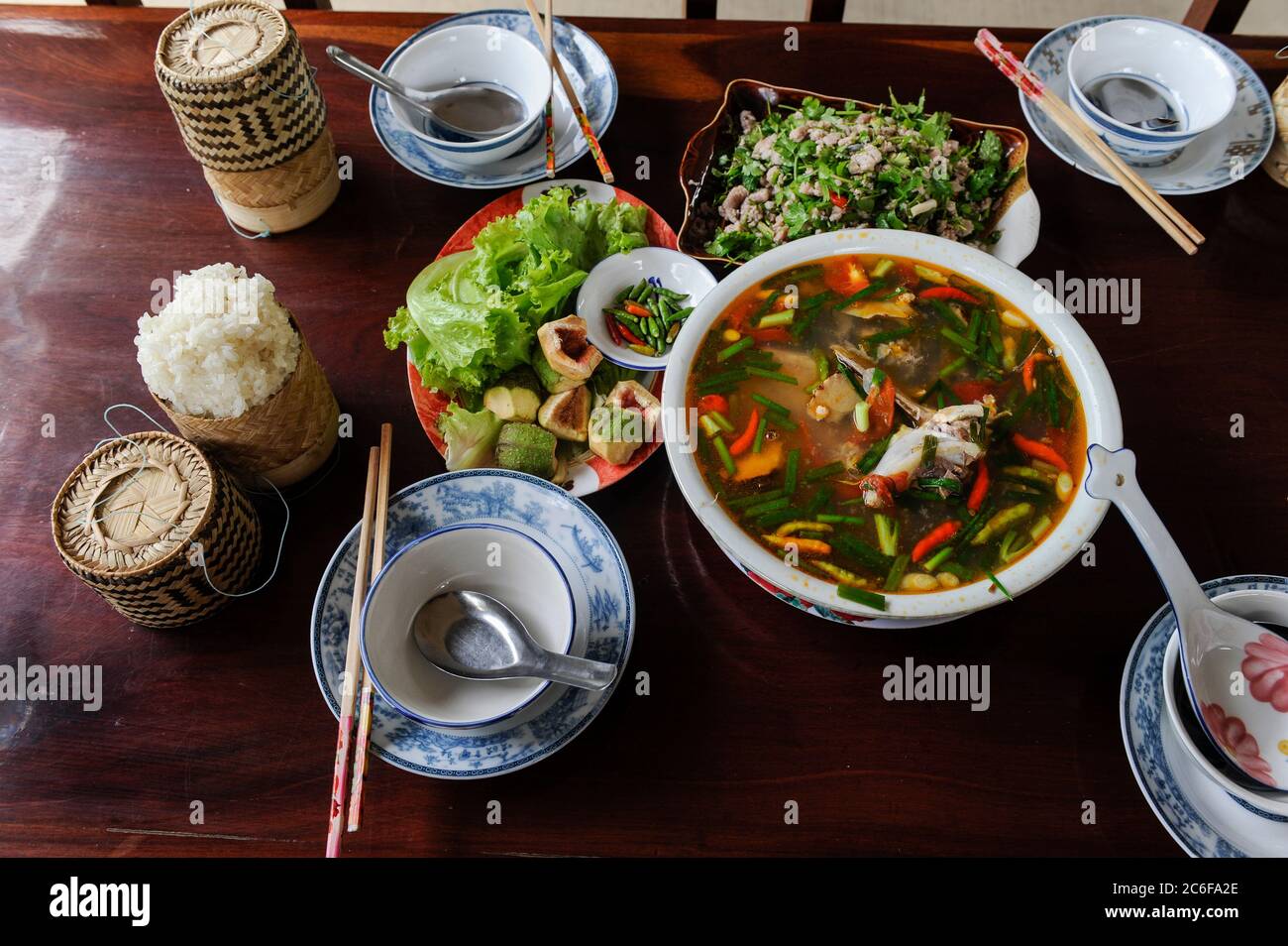 LAO PDR, fish soup and sticky rice / Laos, Fischsuppe und Klebreis Stock Photo