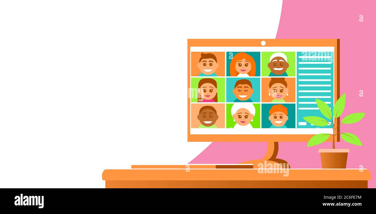Computer with video conferencing on screen. Stock Vector