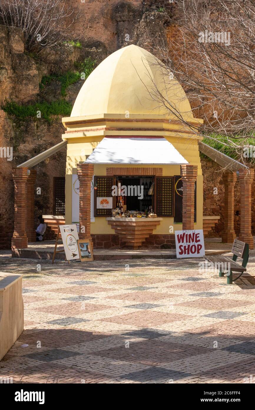 The Algarve Wine Route Kiosk (Quiosque da Rota dos Vinhos do Algarve), Wine Shop Concession Booth Stand In Largo do Município Silves Portugal Stock Photo