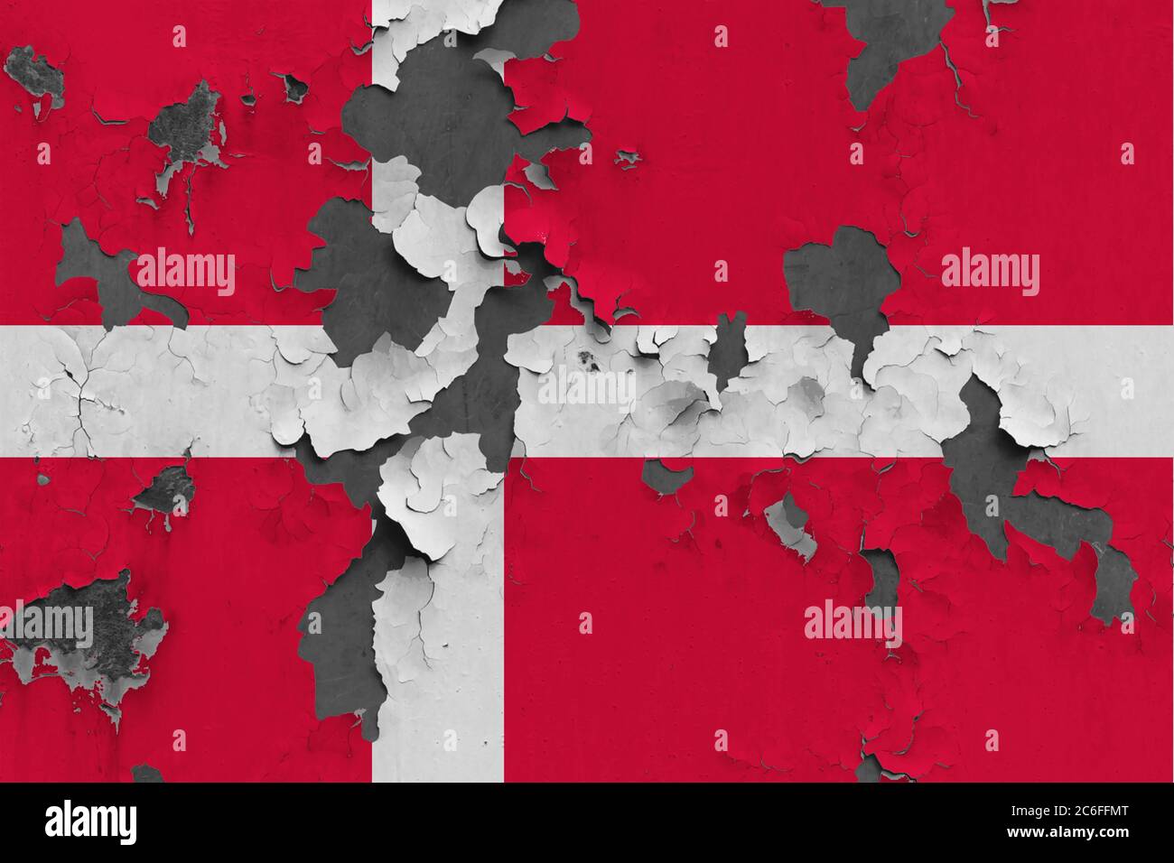 Denmark flag close up painted, damaged and dirty on wall peeling off ...