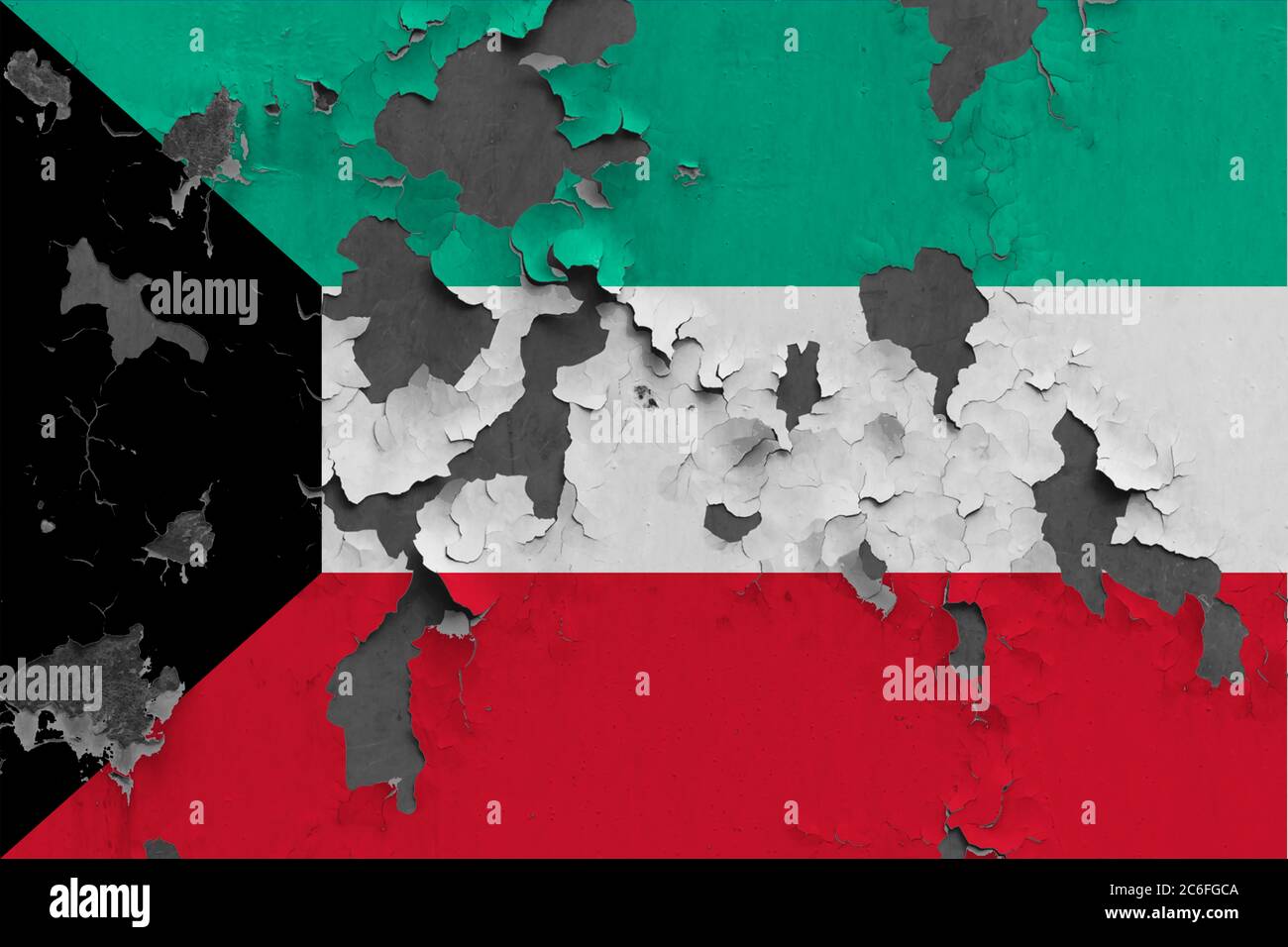 Kuwait flag close up painted, damaged and dirty on wall peeling off