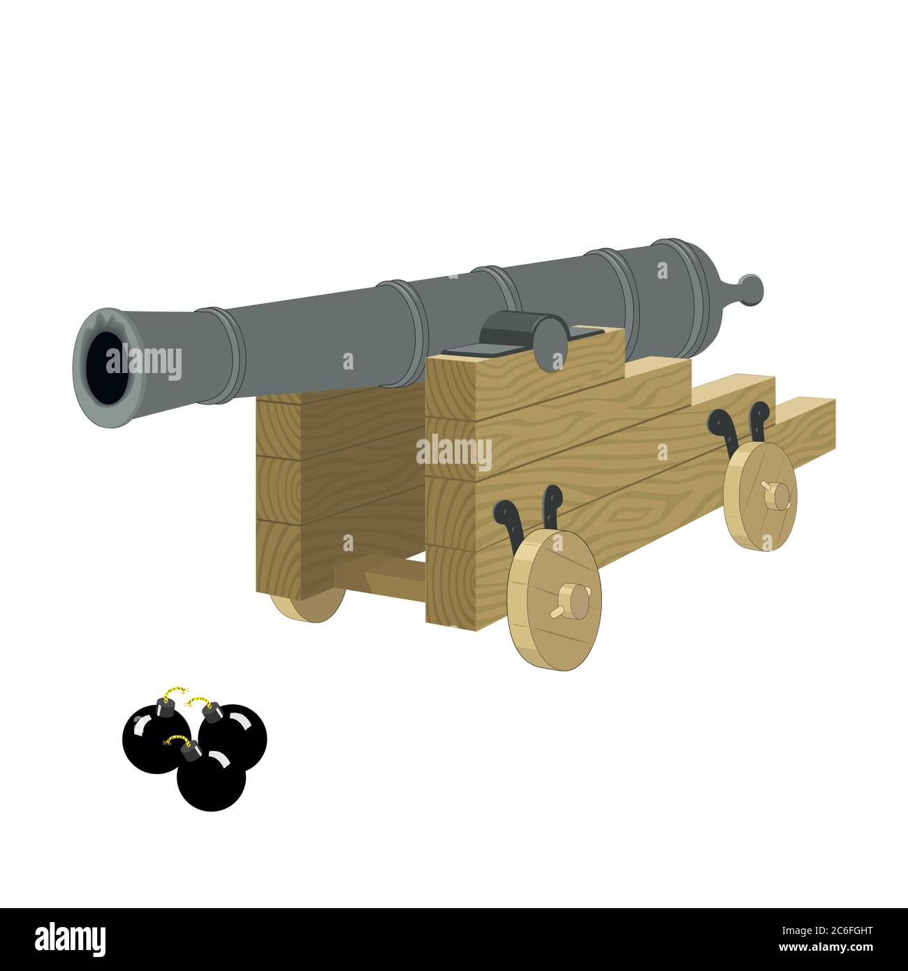 Antique pirate sea gun on a wooden carriage with cannonbals on a white background Stock Vector